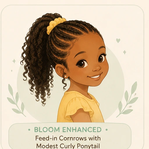 Feed-in cornrows with modest curly ponytail