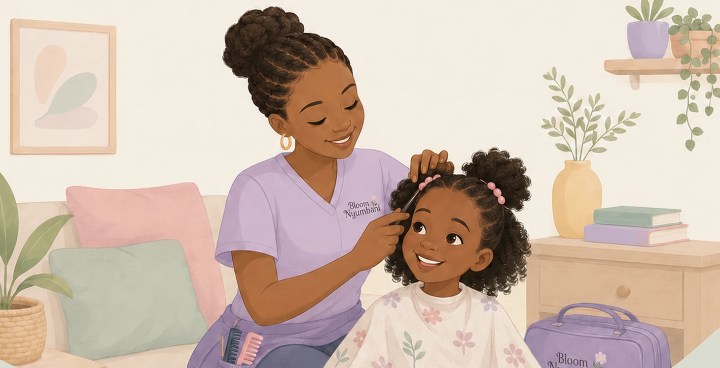 Relaxed family while a stylist works on a happy child at home